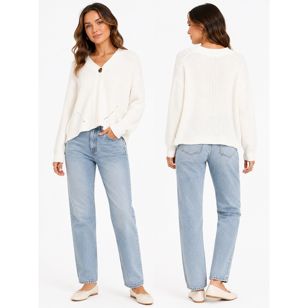 Exlura Cardigan Sweater‎ Women Large Cream Chunky Pointelle Knit V-Neck Cozy